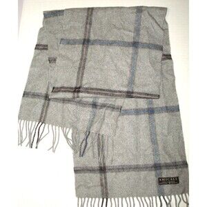 New Amicale 100% Cashmere Scarf Mens Womens 60 x 12 Gray Blue Black Fringe Tan